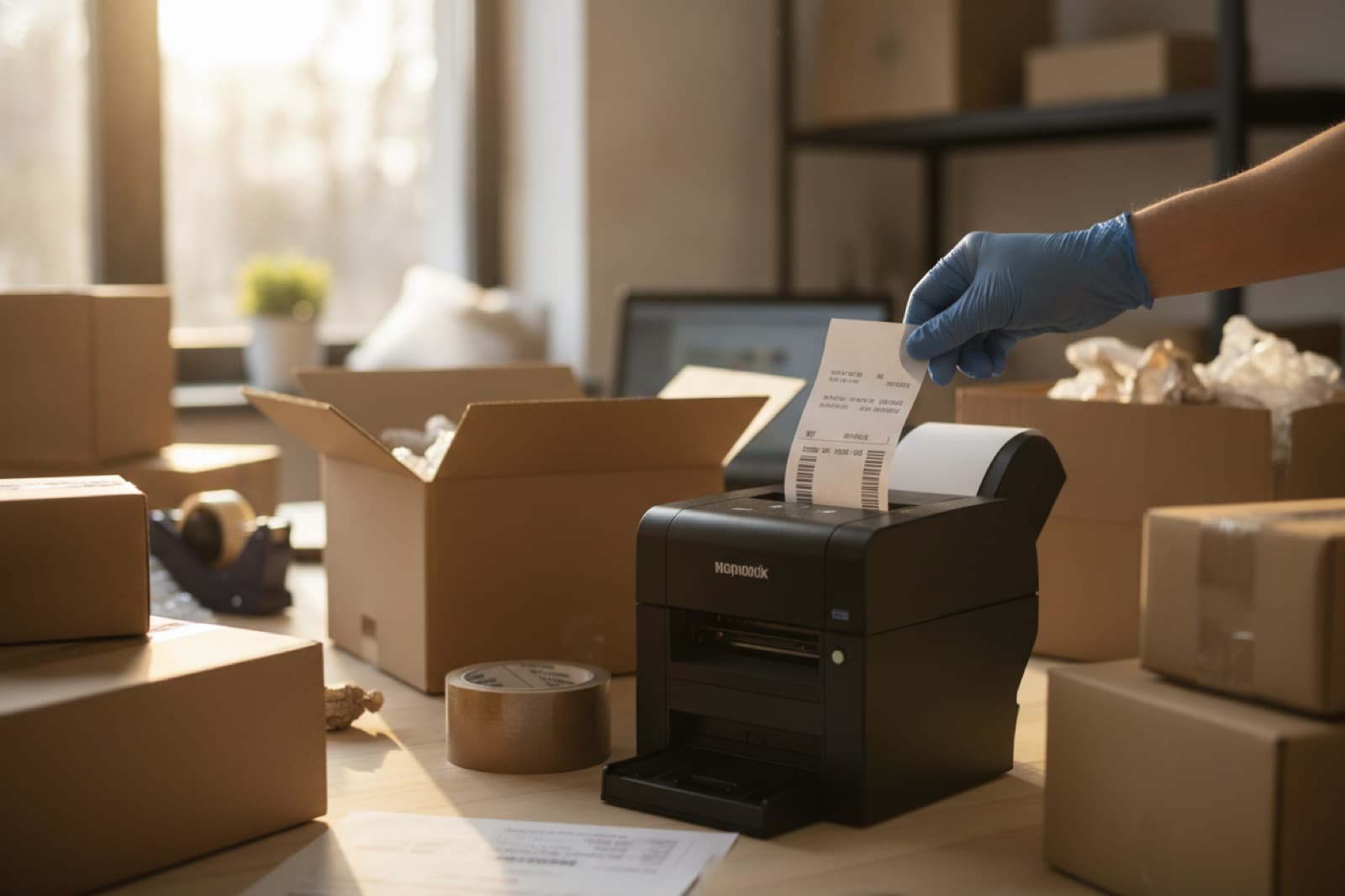 Warehouse worker printing shipping labels