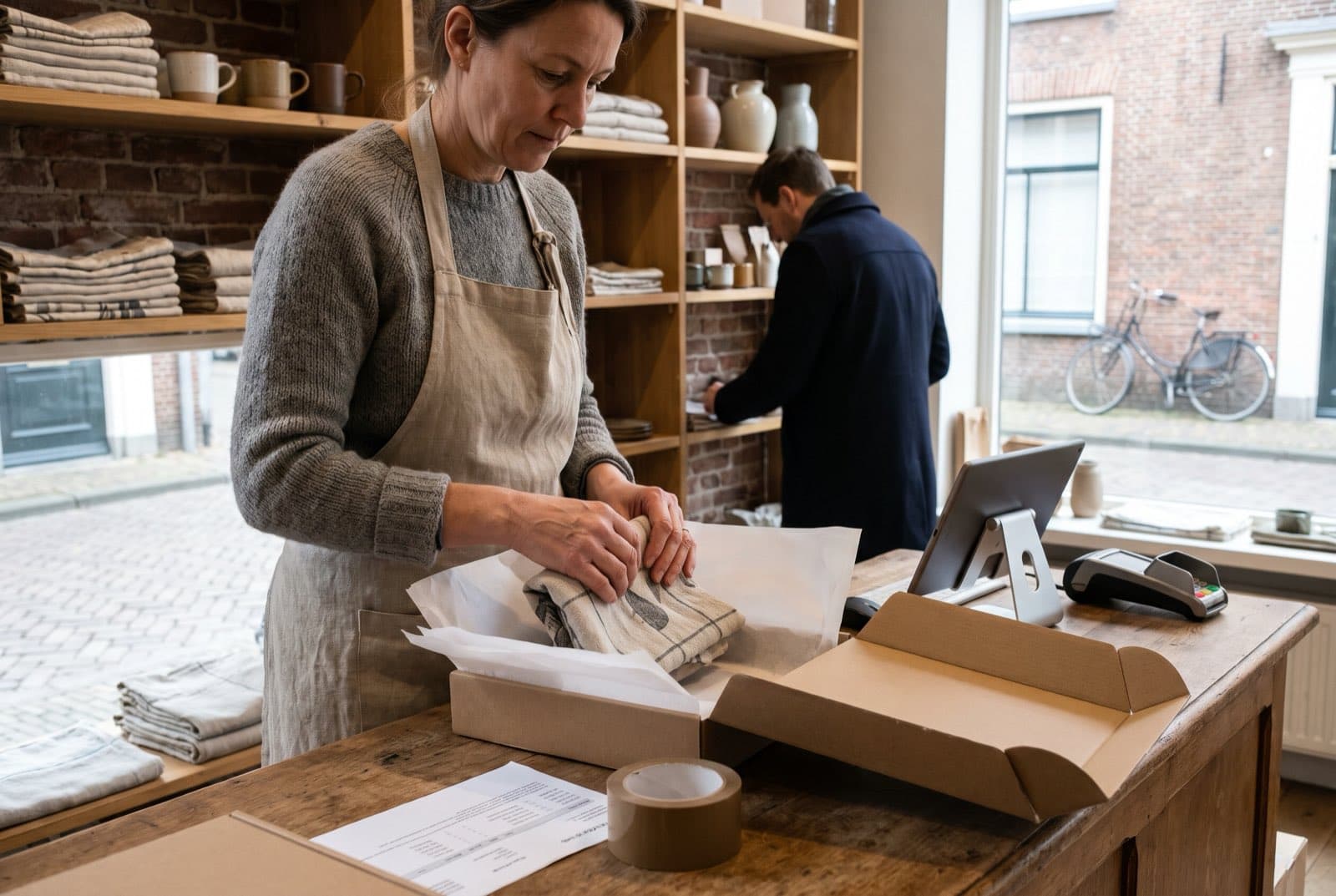 Een winkeleigenaar pakt achter de toonbank van haar winkel een online bestelling in, terwijl een klant in de winkel rondkijkt