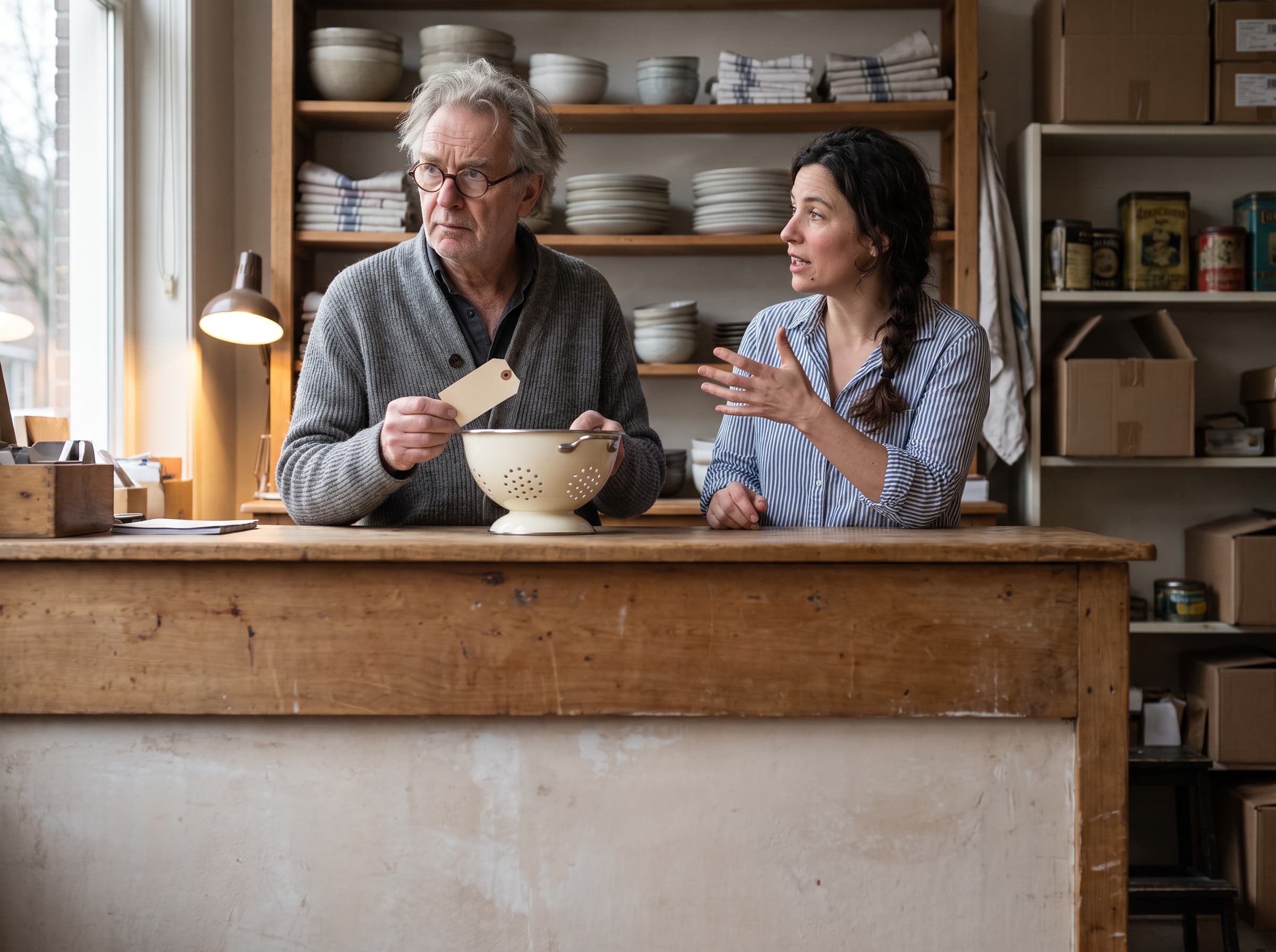 Two shop owners discussing the price of a colander
