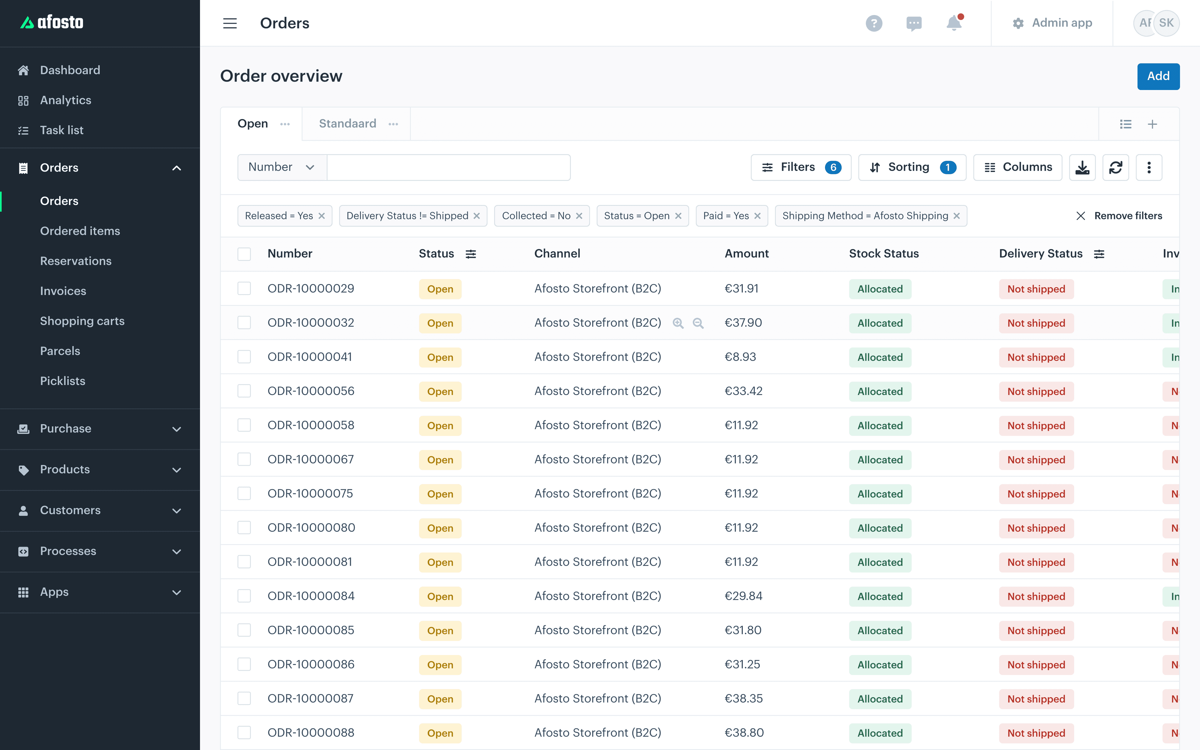 Webshop orders and receipts in one list