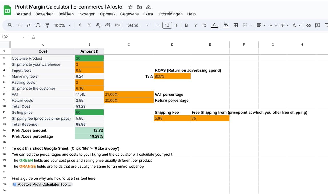 Screenshot of the Afosto profit margin calculator