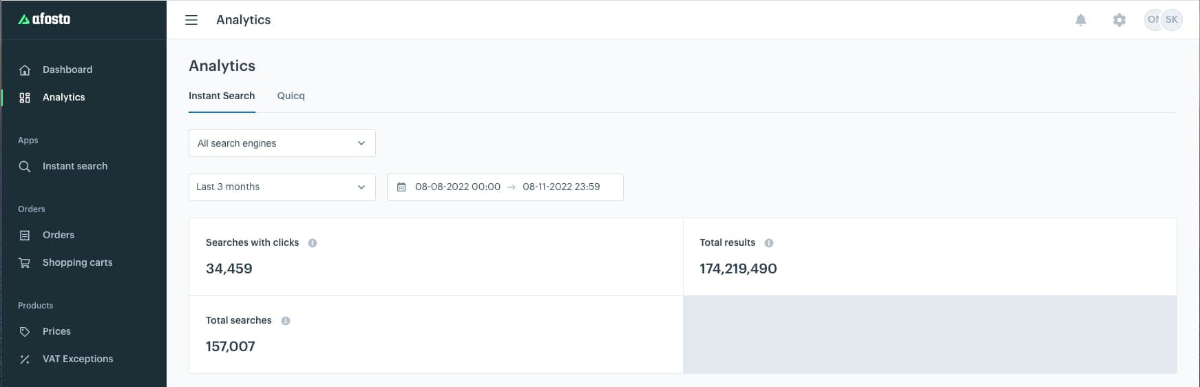 Afosto Instant Search Analytics Dashboard