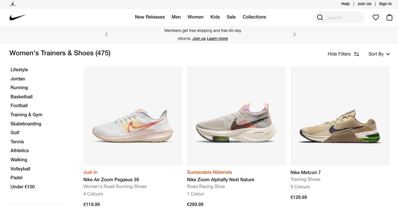 Nike die gebruik maakt van Next.js